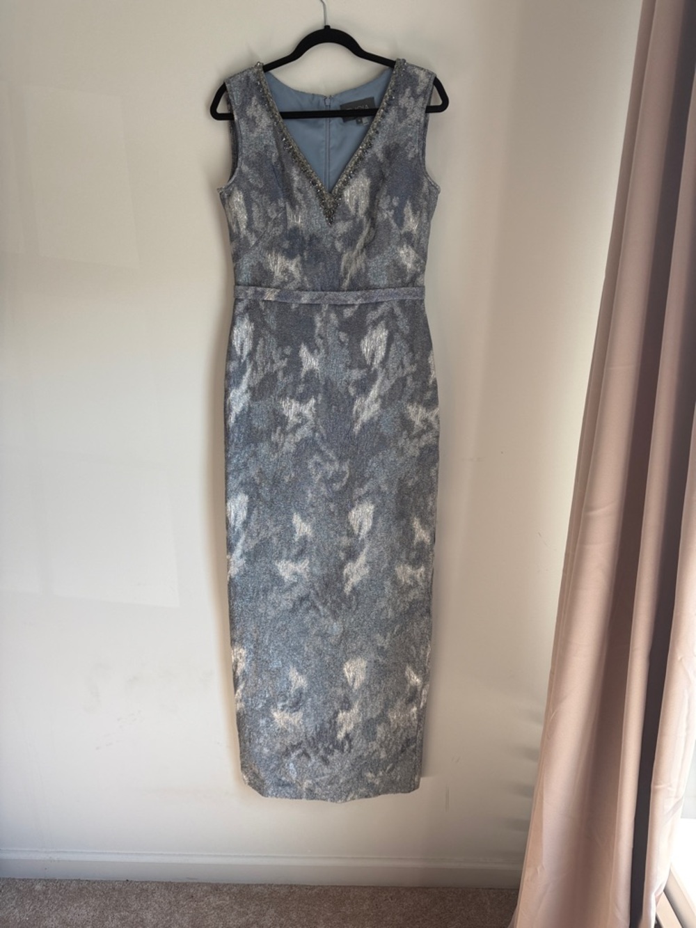 Theia Silver-Blue V-Neck Embellished Midi Dress
